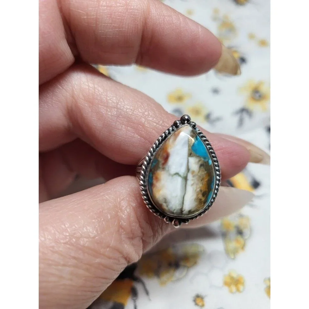 Sterling Silver Spiny Oyster Copper Turquoise Teardrop Ring